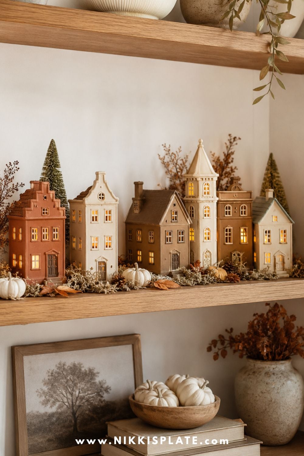 Miniature ceramic fall village painted in cream, taupe and terracotta with glowing windows and tiny neutral pumpkins.