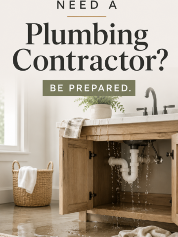 Pinterest pin showing a leaking bathroom sink cabinet with minimal text about choosing a plumbing contractor and being prepared for a plumbing emergency.