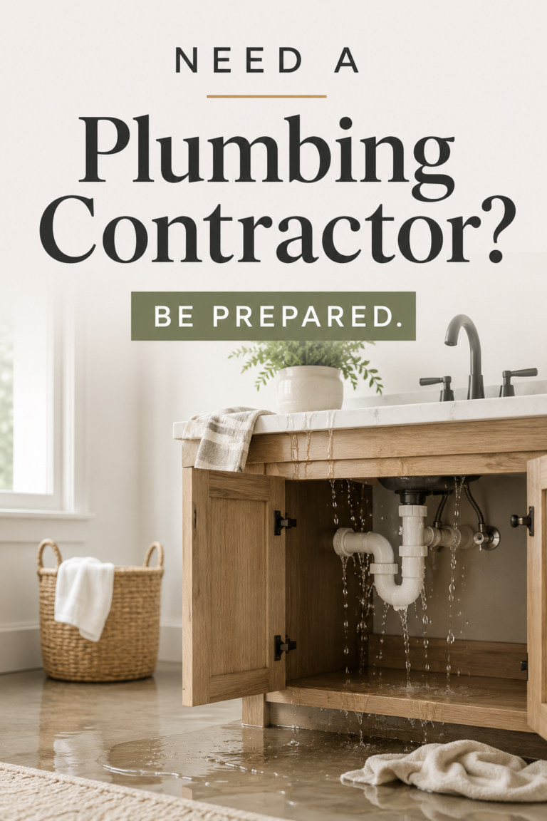 Pinterest pin showing a leaking bathroom sink cabinet with minimal text about choosing a plumbing contractor and being prepared for a plumbing emergency.