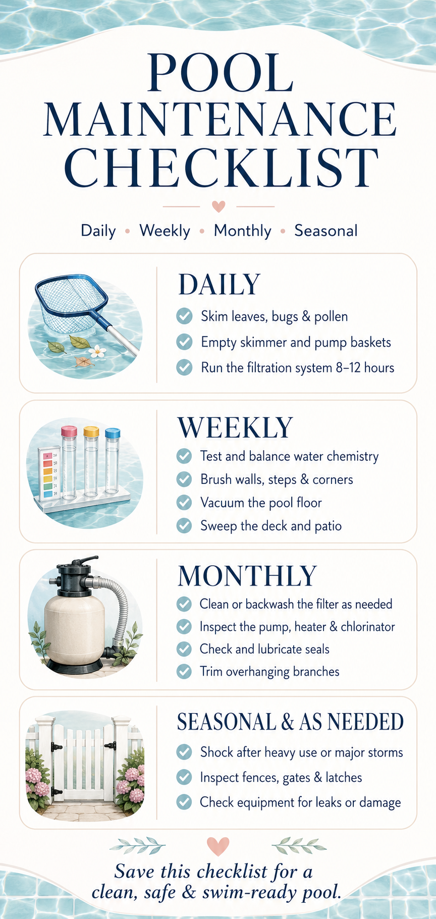 Pool maintenance checklist infographic outlining daily, weekly, monthly and seasonal tasks for keeping a backyard swimming pool clean, safe and swim-ready.