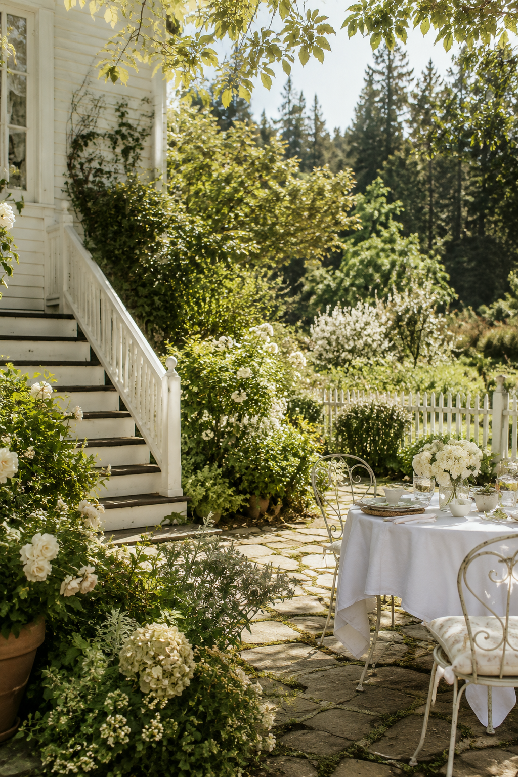 Practical Magic-inspired garden patio with white flowers, lush greenery, stone pavers, white picket fence, cottage house steps, vintage metal chairs, linen-covered outdoor table, soft sunlight, and dreamy cozy cottage garden charm.