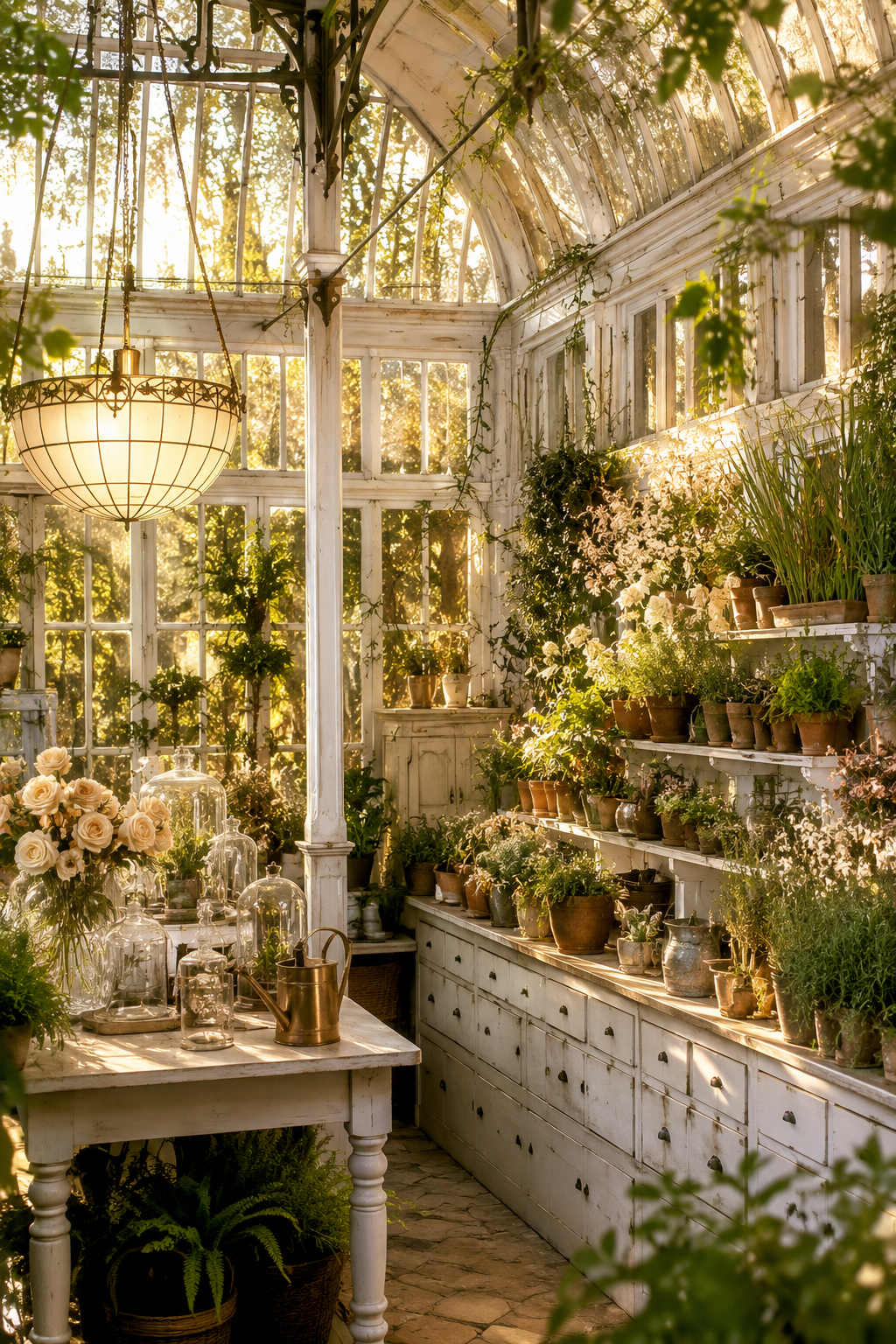 Dreamy Practical Magic-inspired greenhouse filled with potted herbs, lush greenery, white flowers, glass cloches, vintage watering can, white wood shelving, arched glass ceiling, warm golden sunlight, and cozy cottage garden charm.