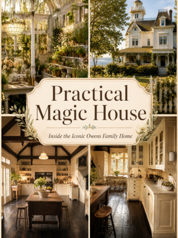 Tour the Practical Magic house from the beloved movie and see inside the iconic Owens family home. Explore the dreamy white Victorian exterior, cozy farmhouse kitchen, greenhouse room, vintage cottage interiors, and charming home decor details that make this movie house so memorable.