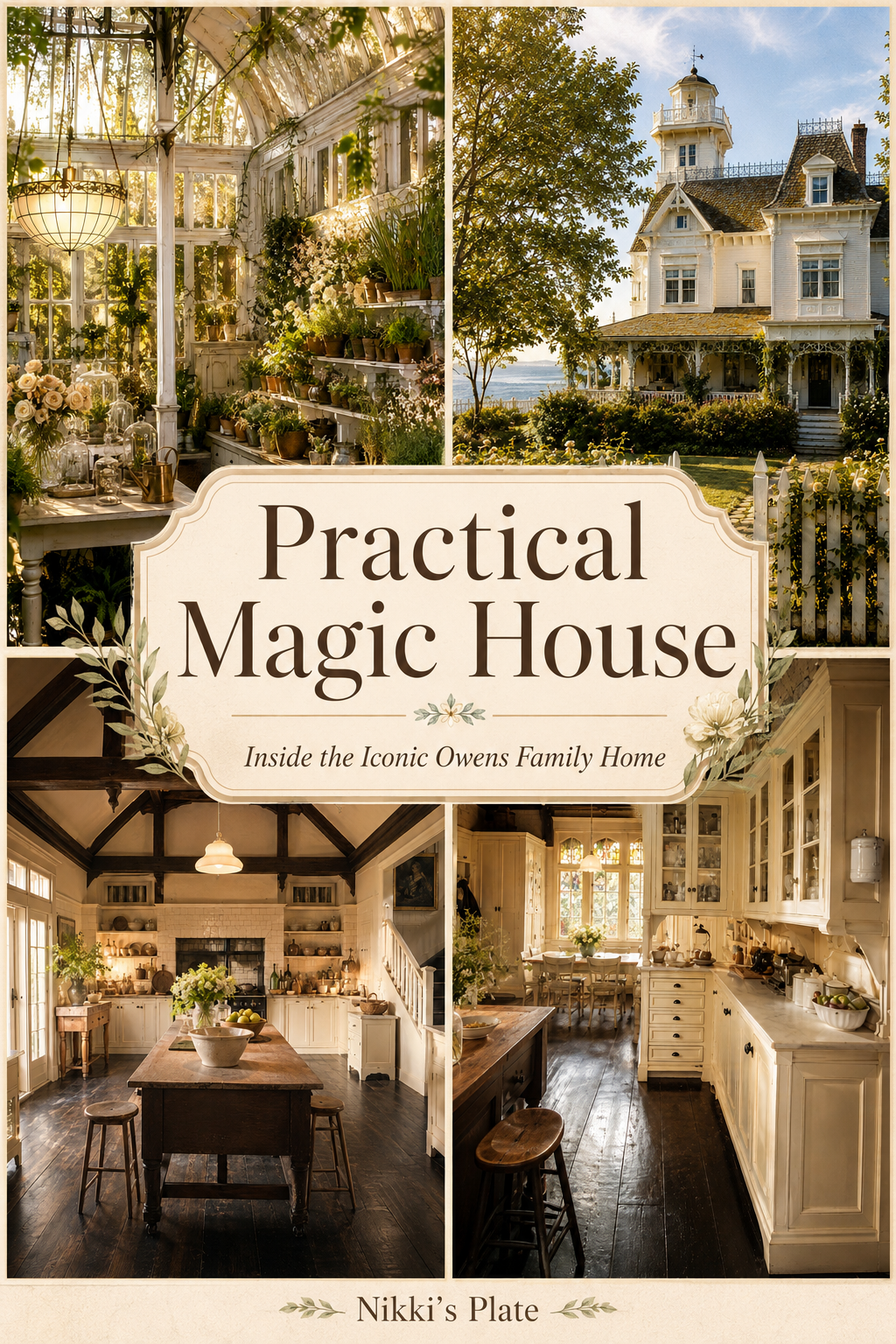 Tour the Practical Magic house from the beloved movie and see inside the iconic Owens family home. Explore the dreamy white Victorian exterior, cozy farmhouse kitchen, greenhouse room, vintage cottage interiors, and charming home decor details that make this movie house so memorable.