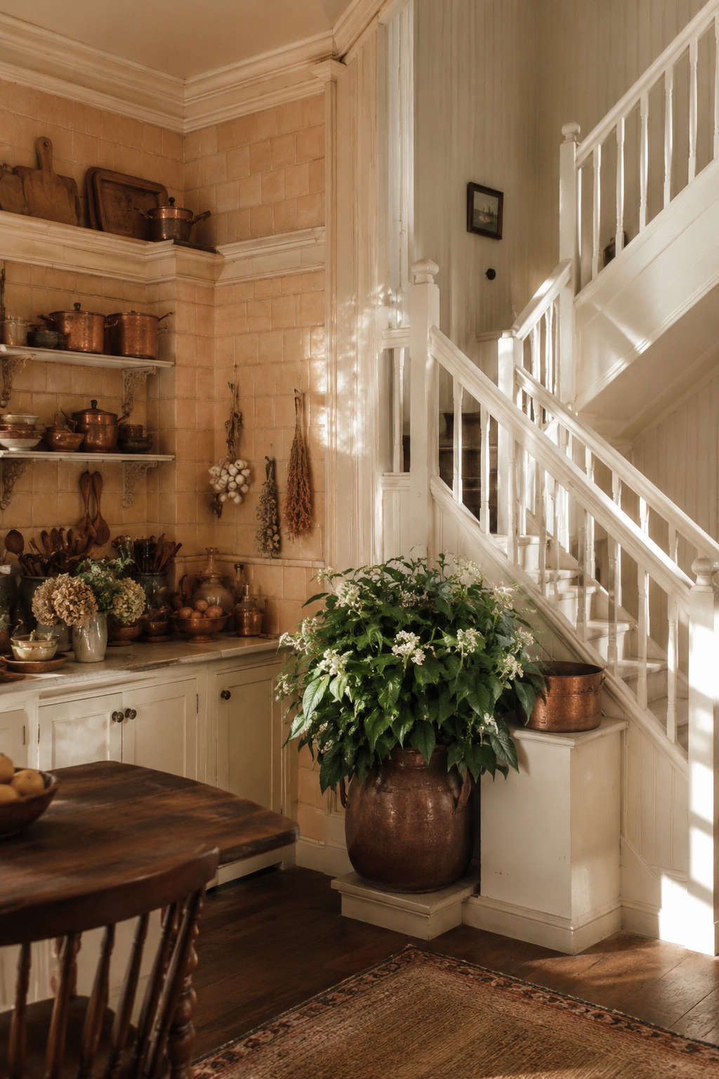 Cozy Practical Magic-inspired kitchen corner with cream tile walls, open shelves of copper pots, dried herbs, vintage wood table, large potted plant with white flowers, white staircase, warm sunlight, dark wood floors, and soft cottage-style charm.
