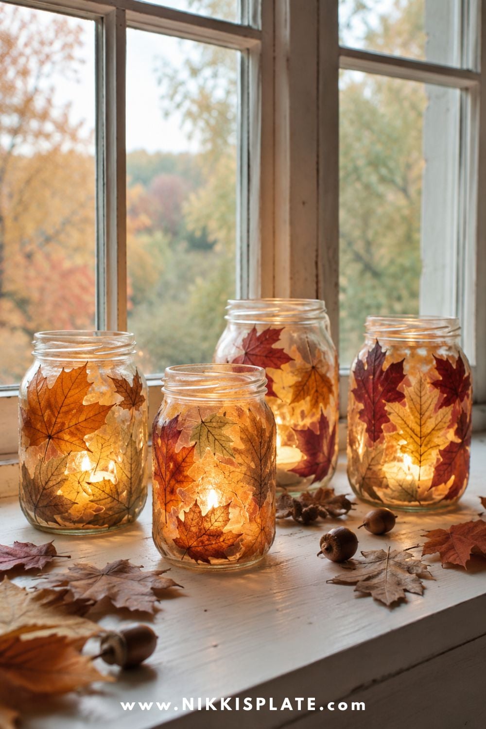 Glowing glass lanterns decorated with pressed maple and oak leaves in muted rust, burgundy, gold and olive.
