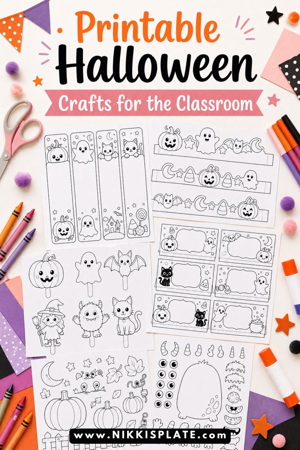 Need easy Halloween classroom crafts? These printable Halloween crafts for kids include bookmarks, crowns, puppets, trick-or-treat bag toppers, pumpkin crafts, and monster crafts. Great for preschool, kindergarten, daycare, homeschool, and classroom Halloween parties.