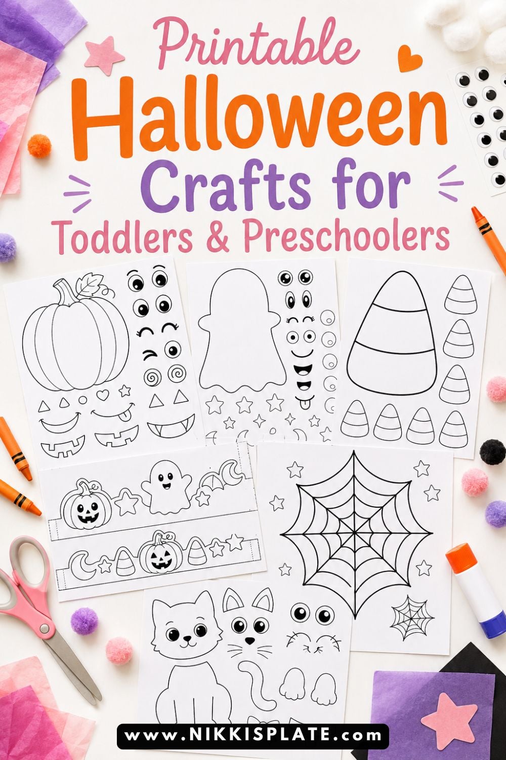 These printable Halloween crafts for toddlers and preschoolers are cute, simple, and low-prep. Find easy pumpkin, ghost, candy corn, crown, spider web, and black cat printables for a fun Halloween activity kids can color, cut, and glue.
