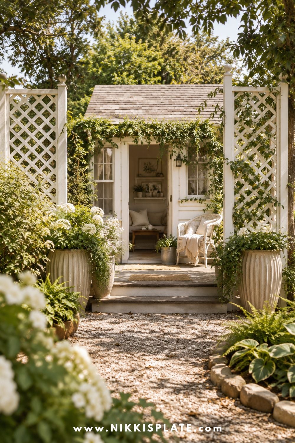 Private backyard she shed surrounded by tall planters, climbing vines, lattice panels, and greenery