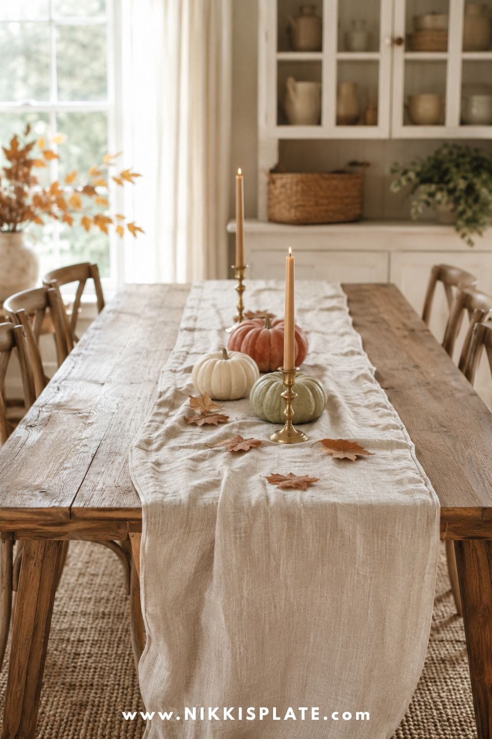 Relaxed oatmeal linen runner with neutral pumpkins and brass candlesticks on a warm farmhouse fall dining table.