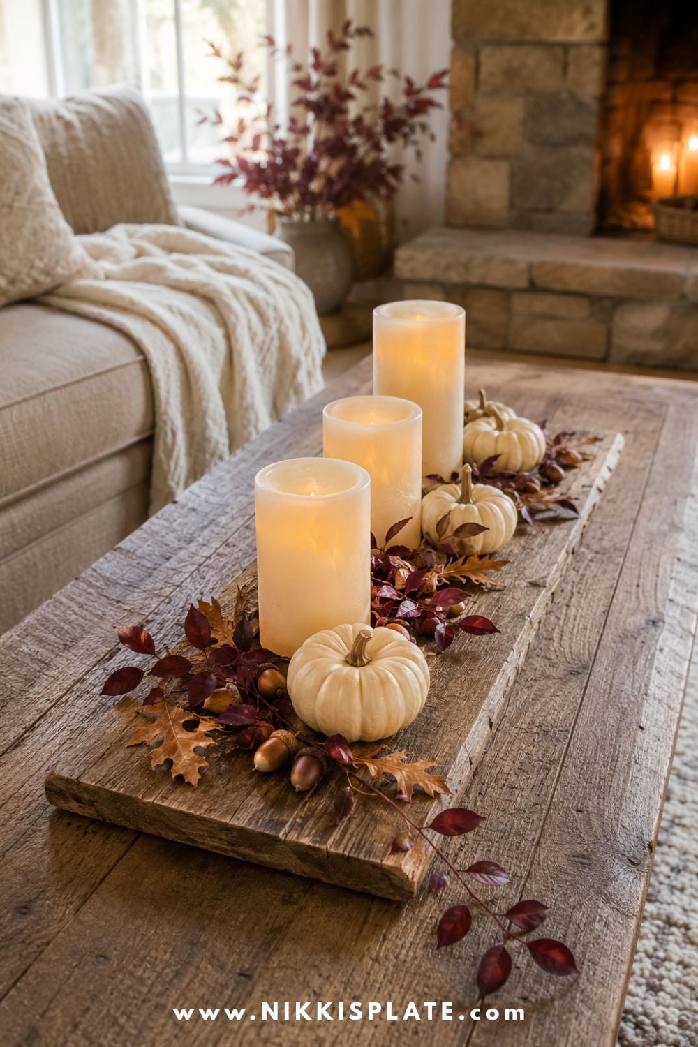 Reclaimed wood candle tray styled with ivory pillar candles, tiny pumpkins, acorns and burgundy autumn branches.