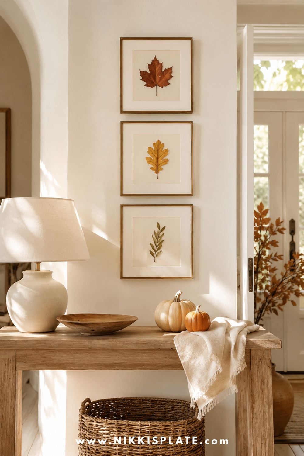 Three wood and brass frames displaying pressed maple, oak and olive leaves above a farmhouse entryway console.