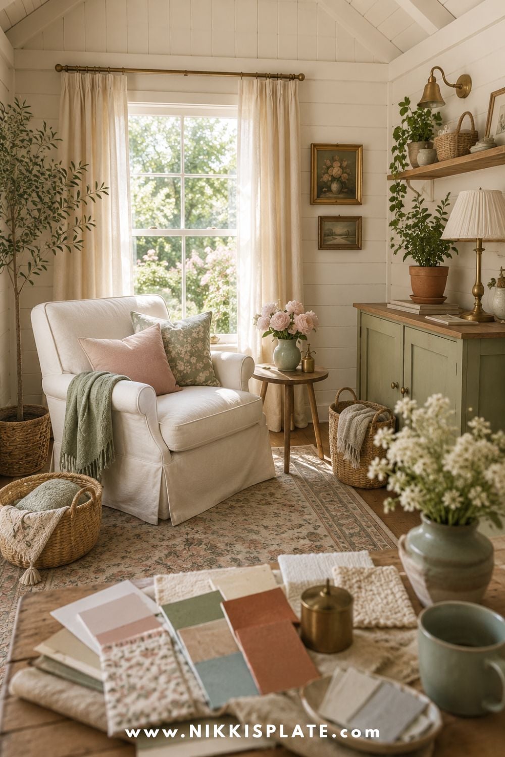 Cozy she shed reading nook with a white armchair, sage green cabinet, floral textiles, botanical artwork, and neutral color swatches.