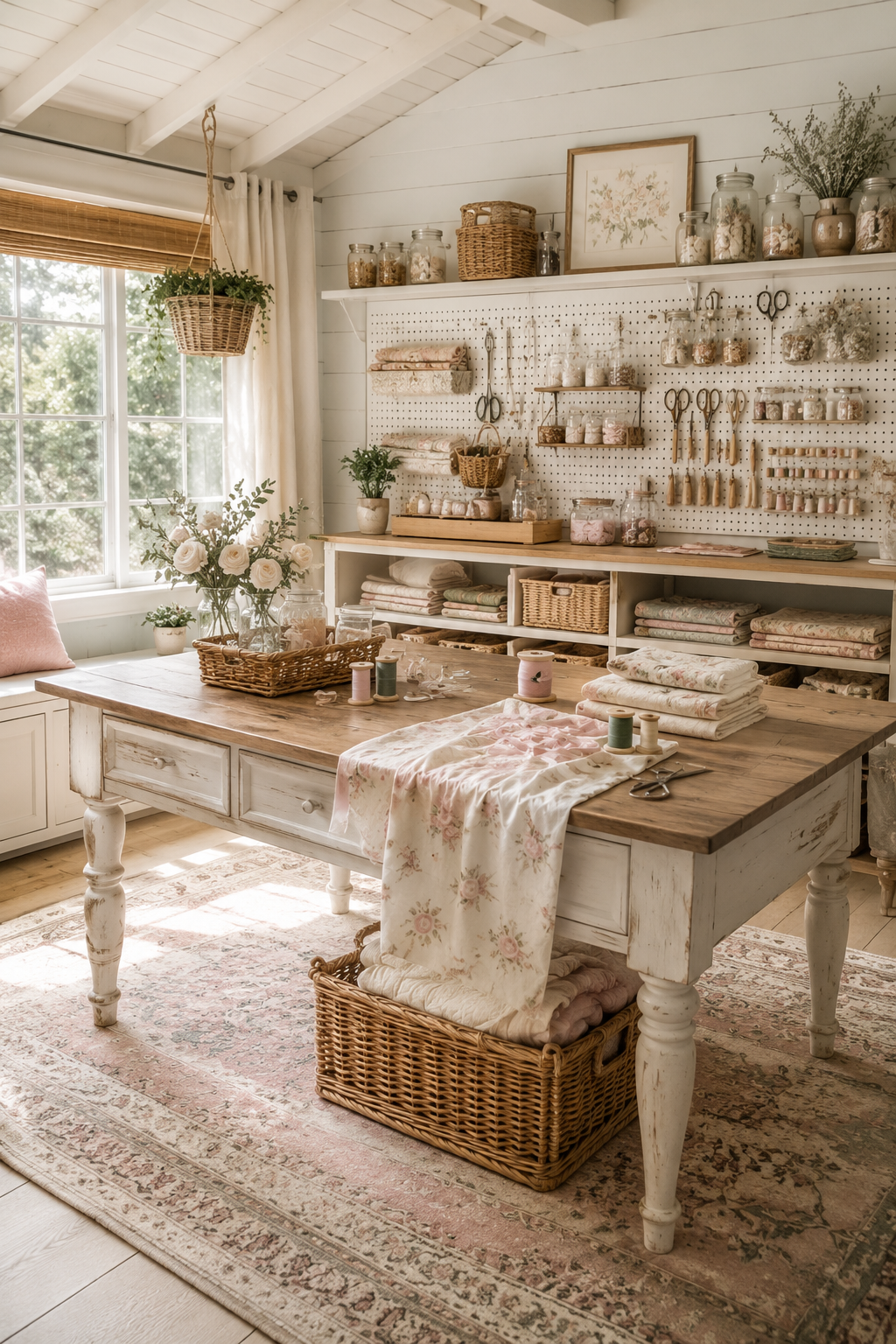 Bright she shed craft room with a farmhouse worktable, pegboard, baskets, and organized supplies