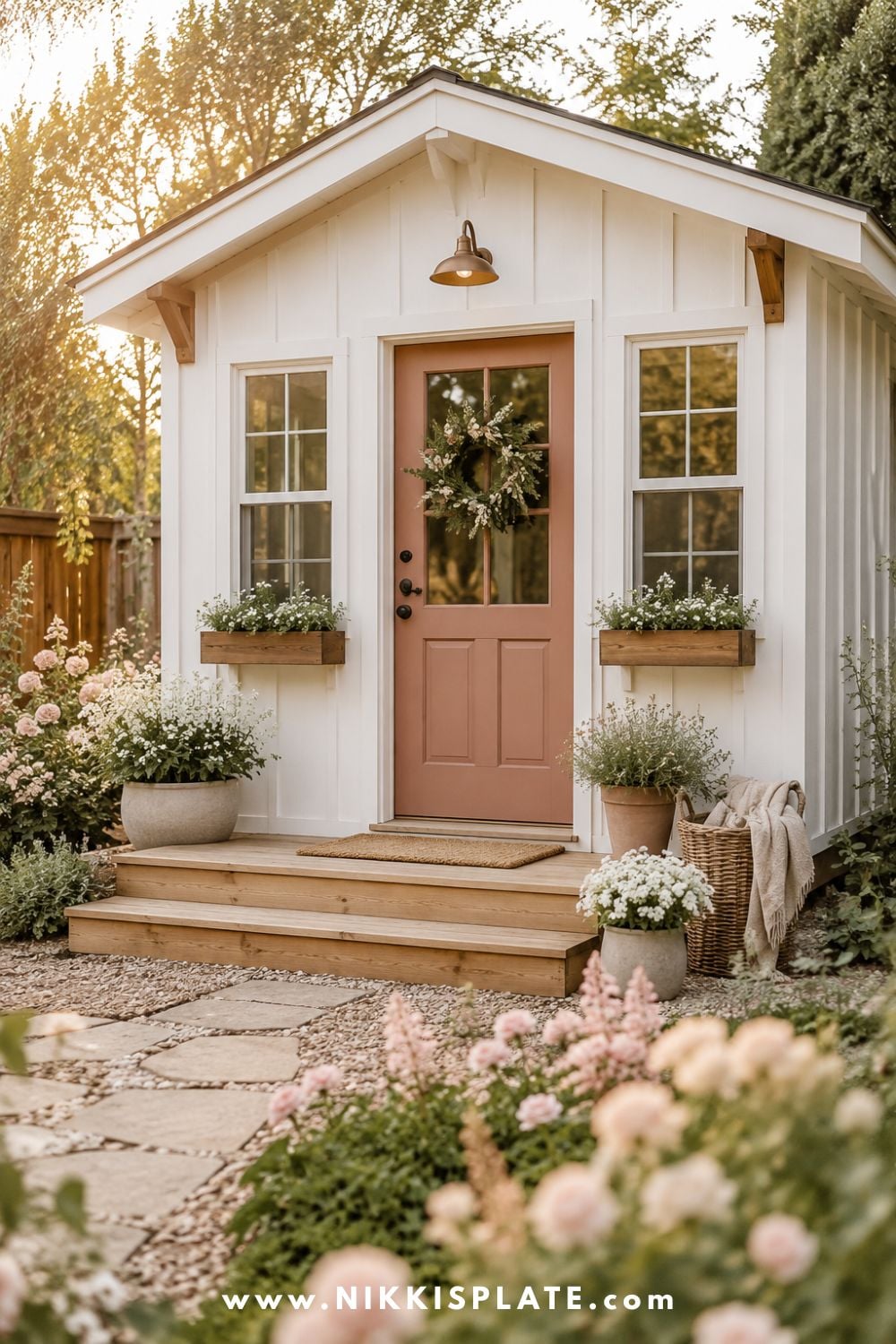 She shed exterior painted soft sage with a blush front door, warm wood steps, and potted plants