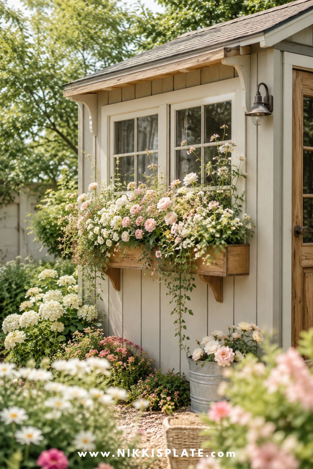Cottage-style she shed exterior with flower-filled window boxes and soft trailing greenery