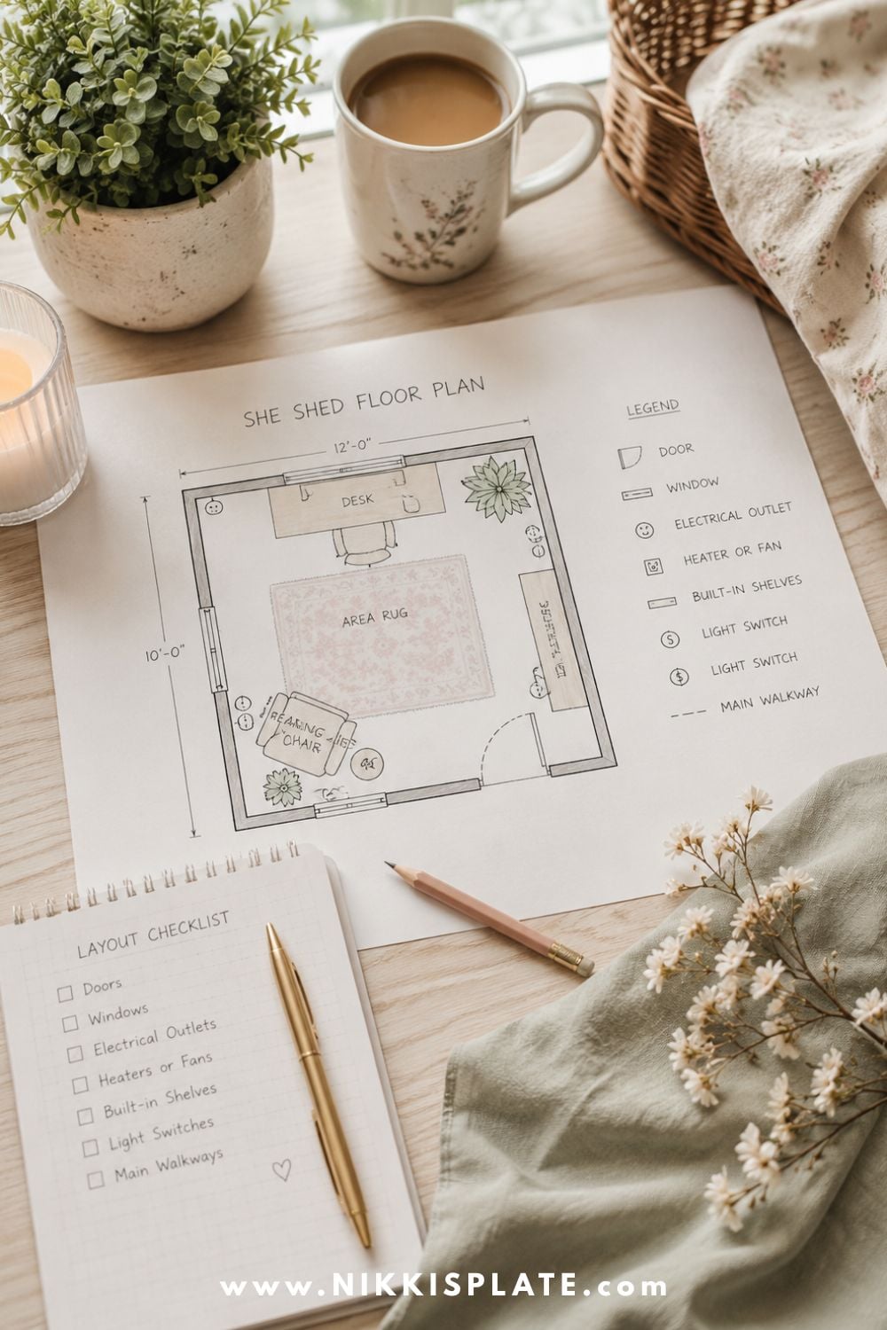 She shed floor plan with a desk, reading chair, area rug, built-in shelves, electrical details, and a handwritten layout checklist.