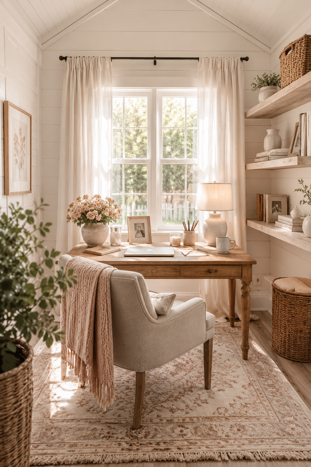 Feminine she shed office with a small wood desk, comfortable chair, wall shelves, rug, and curtains