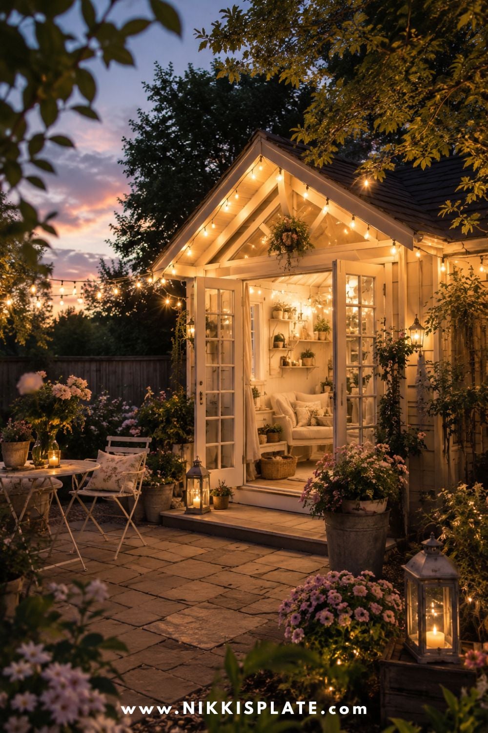 Cozy backyard she shed and patio glowing with warm outdoor string lights at dusk