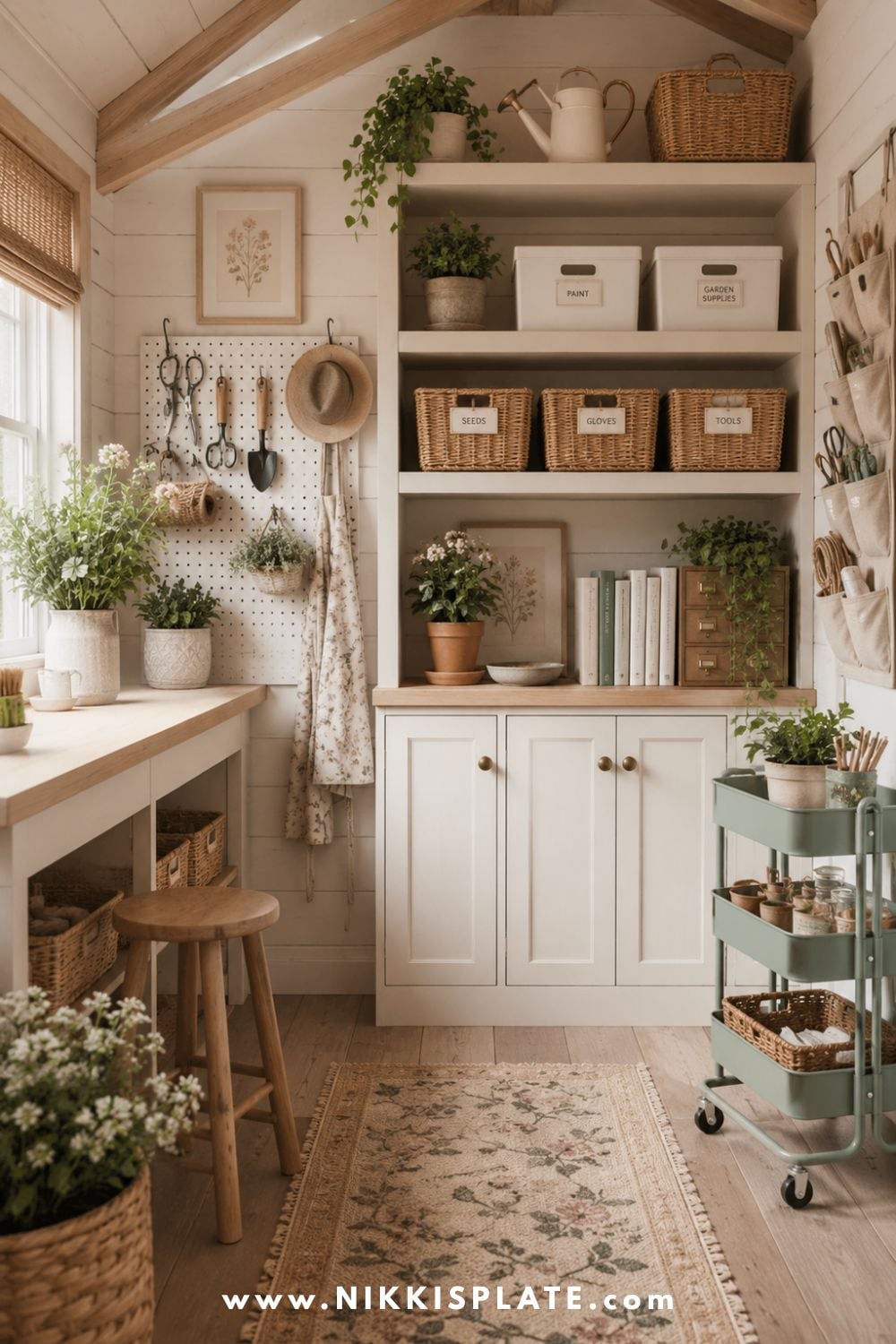 Organized she shed with built-in cabinets, labeled baskets, pegboard tools, open shelves, a rolling cart, and garden supply storage.