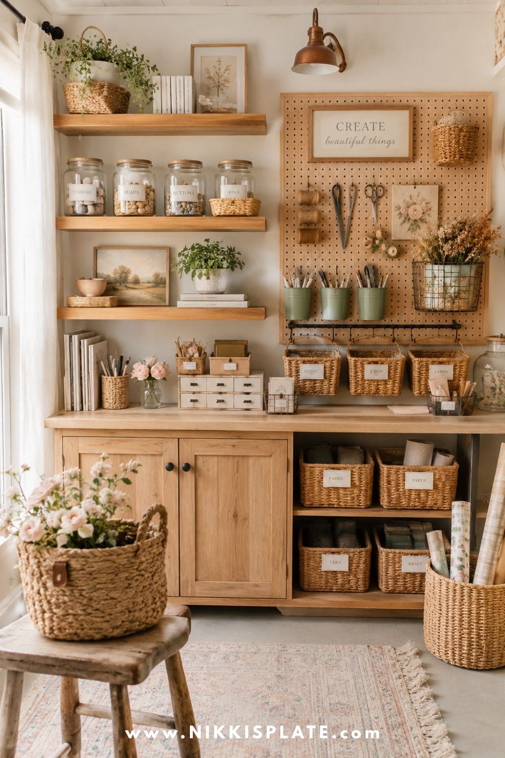 Organized she shed storage wall with shelves, pegboard, cabinets, hooks, baskets, and labeled jars