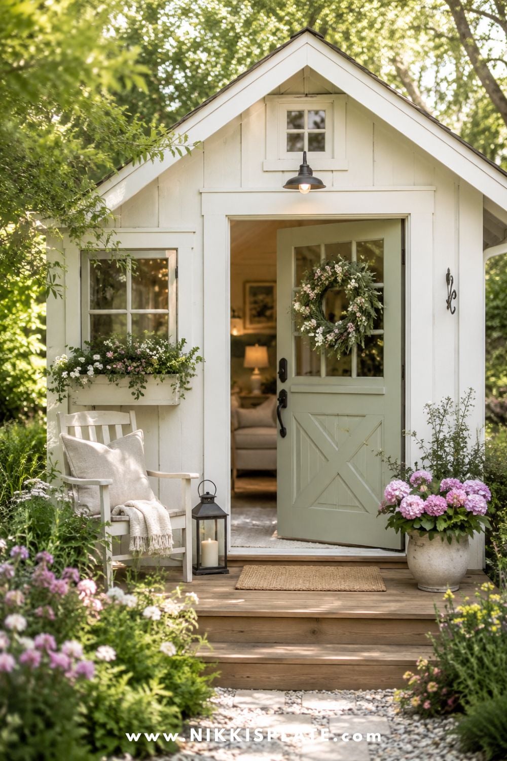 Backyard she shed with a small front porch, chair, lantern, wreath, doormat, and potted flowers