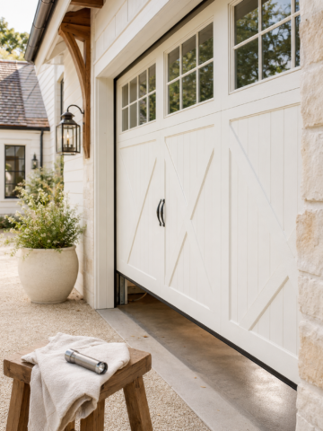 White farmhouse garage door partially open for simple garage door maintenance and seasonal safety checks.