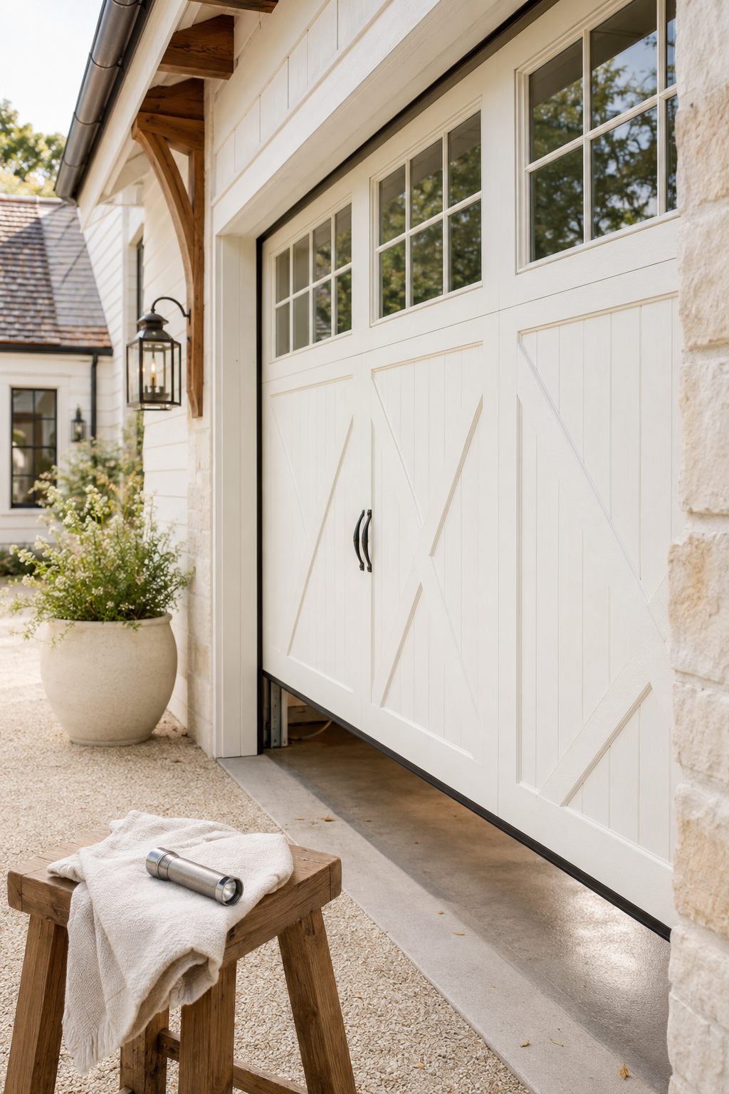 White farmhouse garage door partially open for simple garage door maintenance and seasonal safety checks.