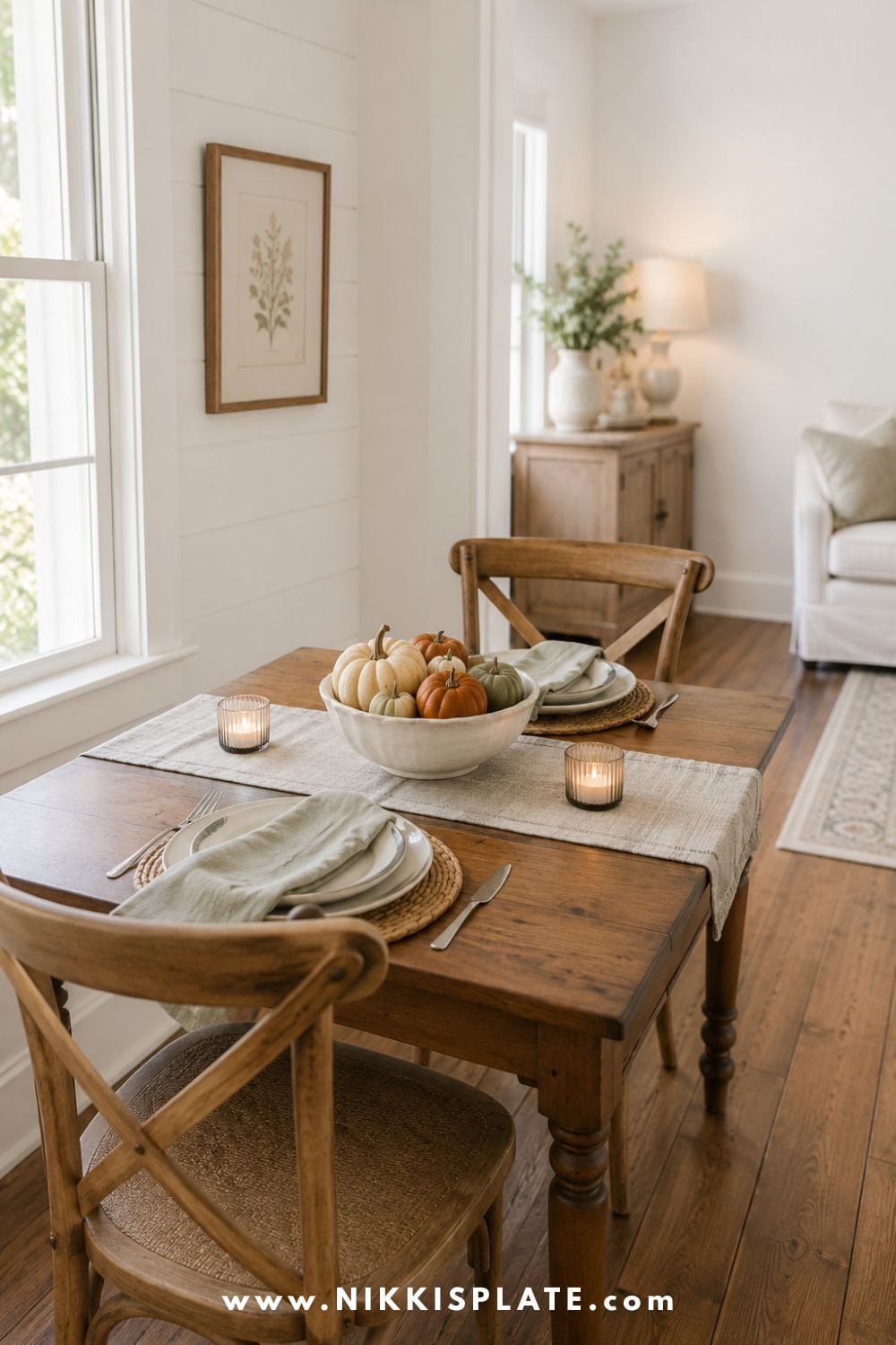 Uncluttered small dining table decorated for fall with a ceramic pumpkin bowl, narrow runner and two candles.