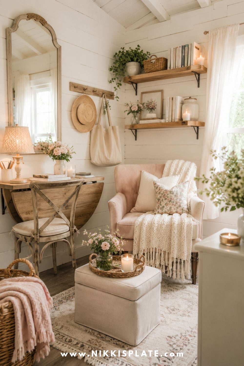 Small she shed interior with a rustic desk, blush reading chair, floating wood shelves, vintage mirror, storage ottoman, and soft farmhouse decor.