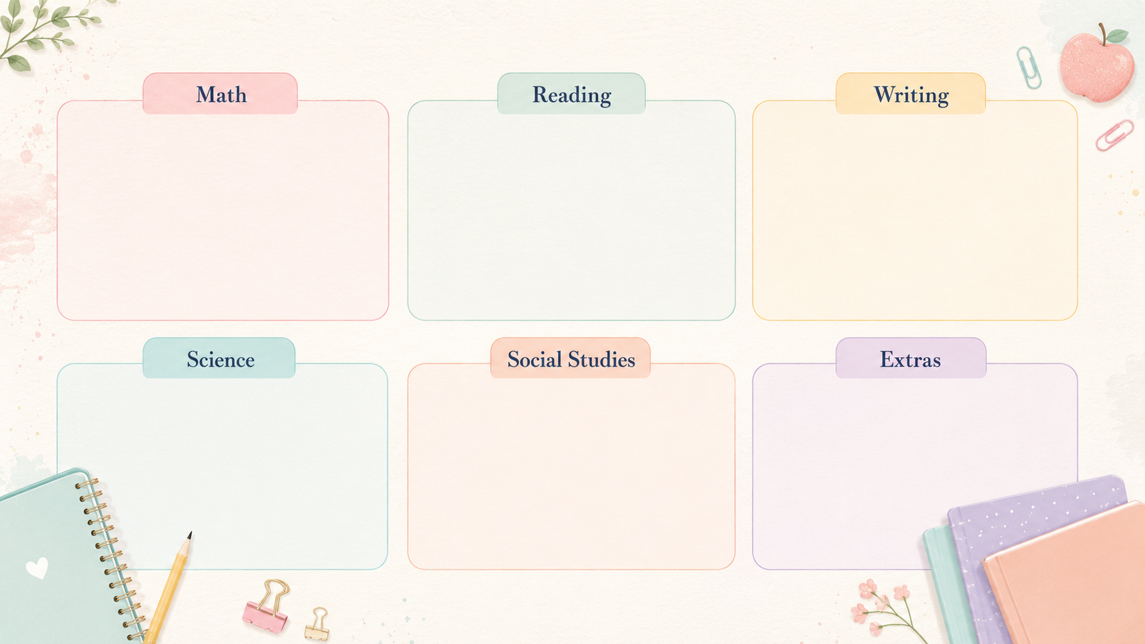 Subject folder teacher desktop organizer wallpaper with soft pastel sections labeled Math, Reading, Writing, Science, Social Studies, and Extras, plus watercolor notebooks, pencil, binder clips, paper clips, apple, and floral accents for organizing classroom files and teacher lesson plans.