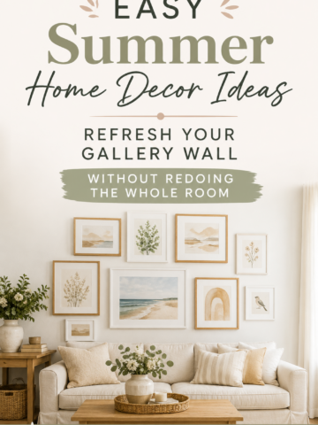 Pinterest pin for summer home decor ideas showing a bright neutral living room with a refreshed gallery wall, soft artwork, mixed frames, and airy seasonal styling.