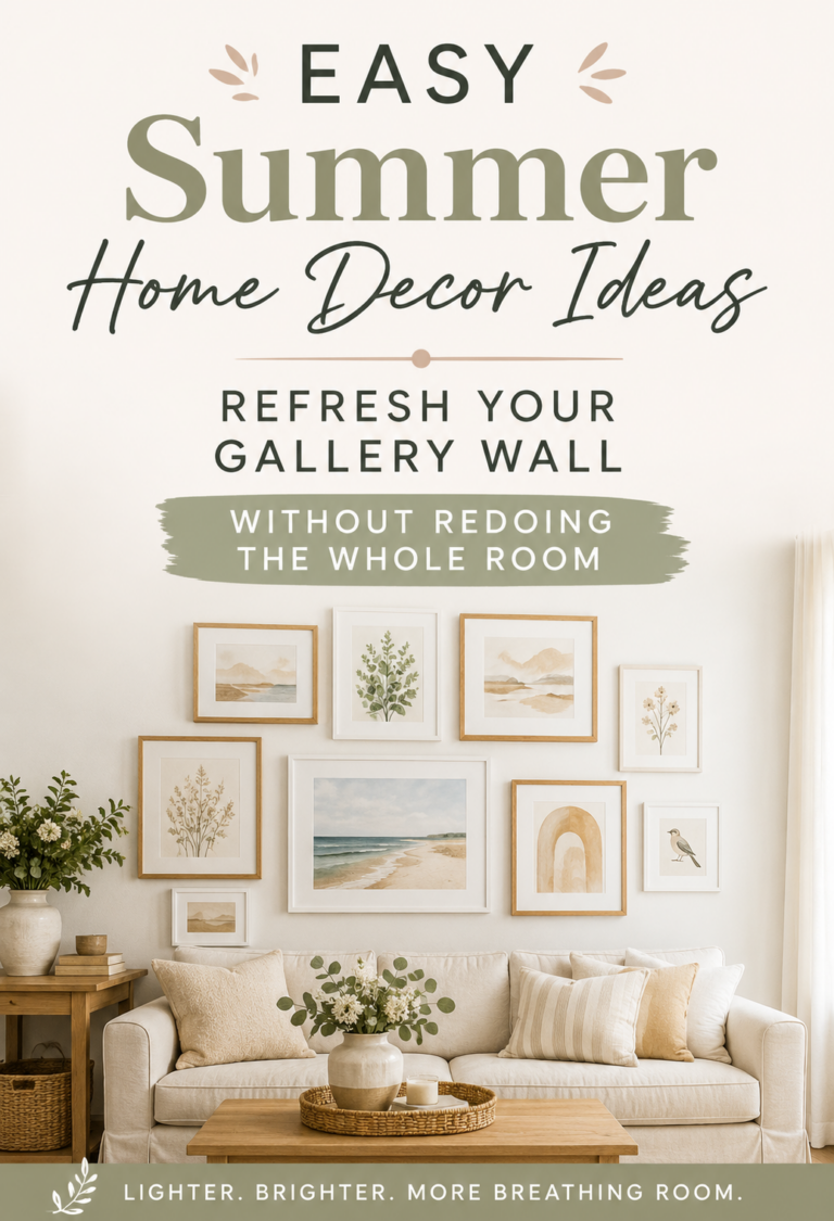 Pinterest pin for summer home decor ideas showing a bright neutral living room with a refreshed gallery wall, soft artwork, mixed frames, and airy seasonal styling.