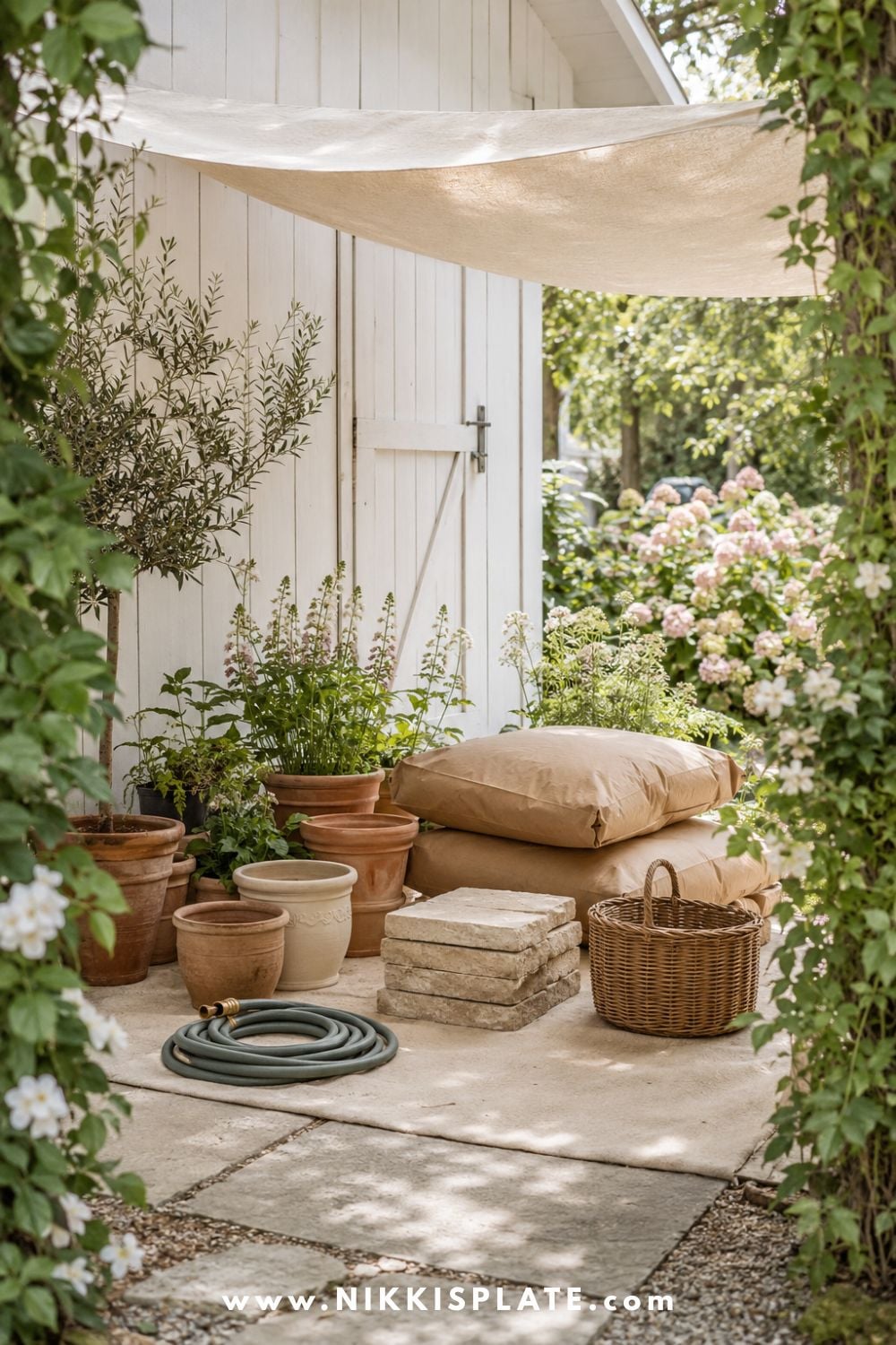 Temporary backyard garden staging area with bags of soil, terracotta pots, stepping stones, a garden hose, and a wicker basket.