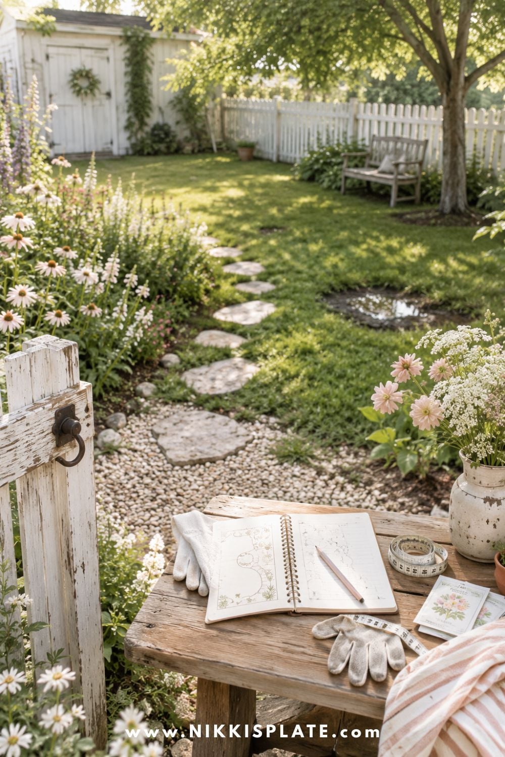Backyard garden planning area with a garden notebook, measuring tape, gloves, stepping-stone path, flower beds, and a shaded yard.