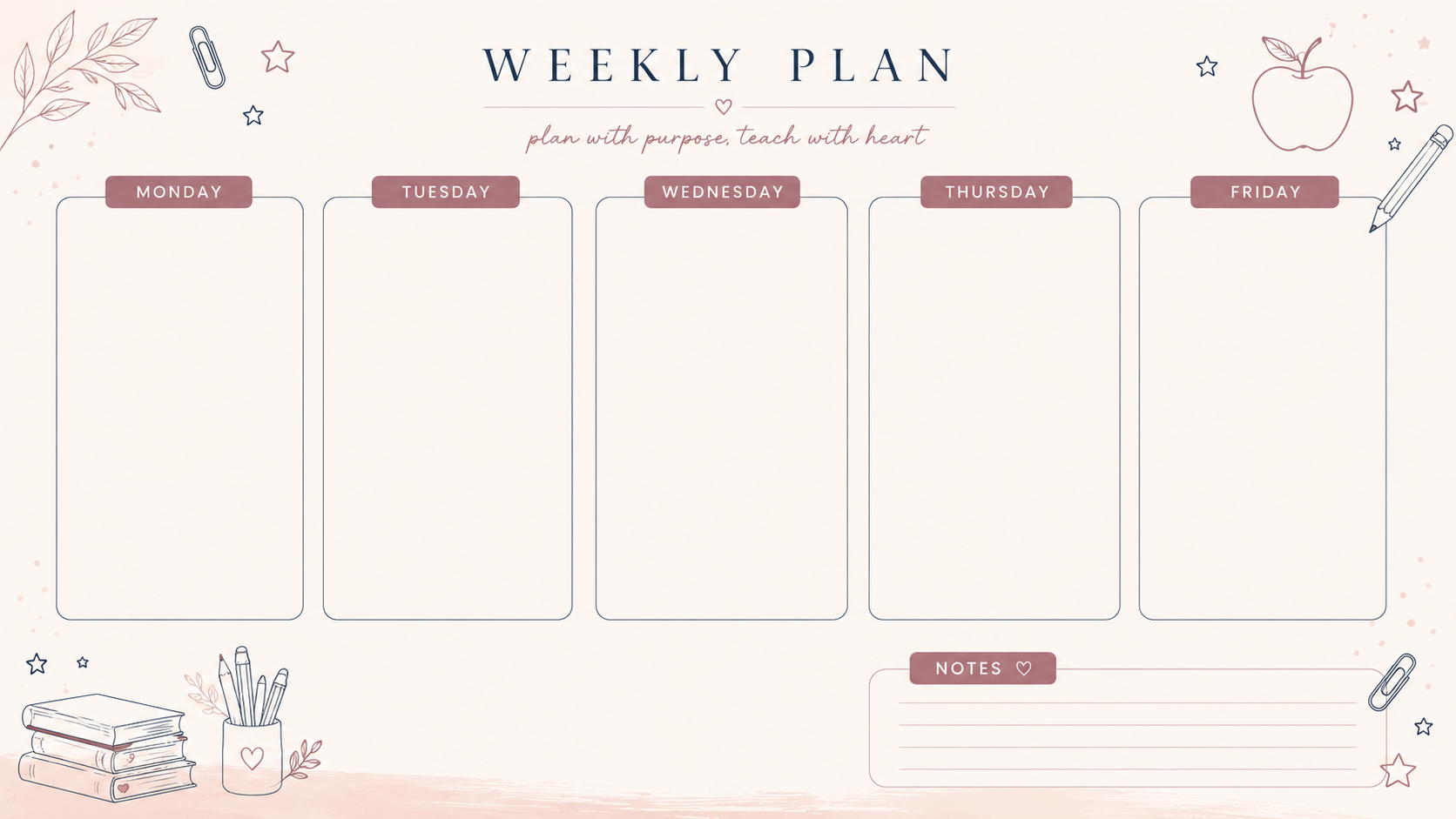 Weekly teacher planner desktop background with soft blush and cream tones, navy outlined Monday through Friday sections, notes box, pencil, paper clips, apple, stars, books, and classroom supplies for organizing lesson plans and teacher computer files.