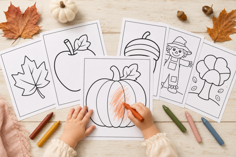 Toddler coloring a pumpkin surrounded by free fall coloring pages featuring a leaf, apple, acorn, scarecrow and autumn tree.