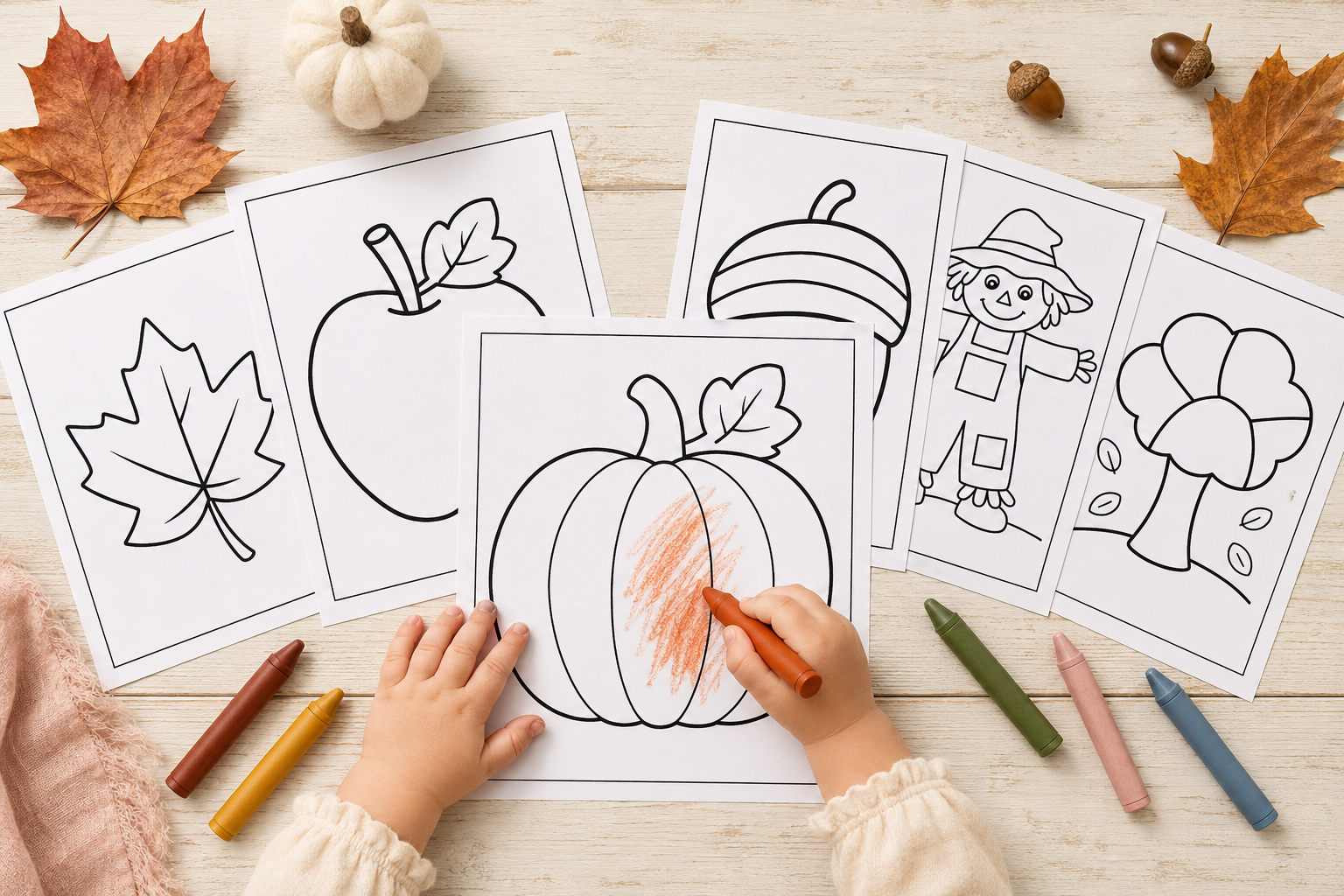 Toddler coloring a pumpkin surrounded by free fall coloring pages featuring a leaf, apple, acorn, scarecrow and autumn tree.