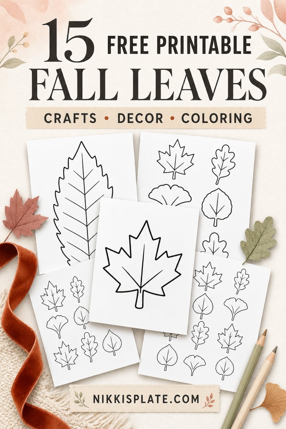 Download 15 free printable fall leaves for easy autumn crafts, coloring pages, garlands, classroom projects and cozy fall decor! This free PDF includes large leaf templates, small fall leaf cut-outs and simple designs perfect for kids, teachers, Thanksgiving activities and seasonal decorating.