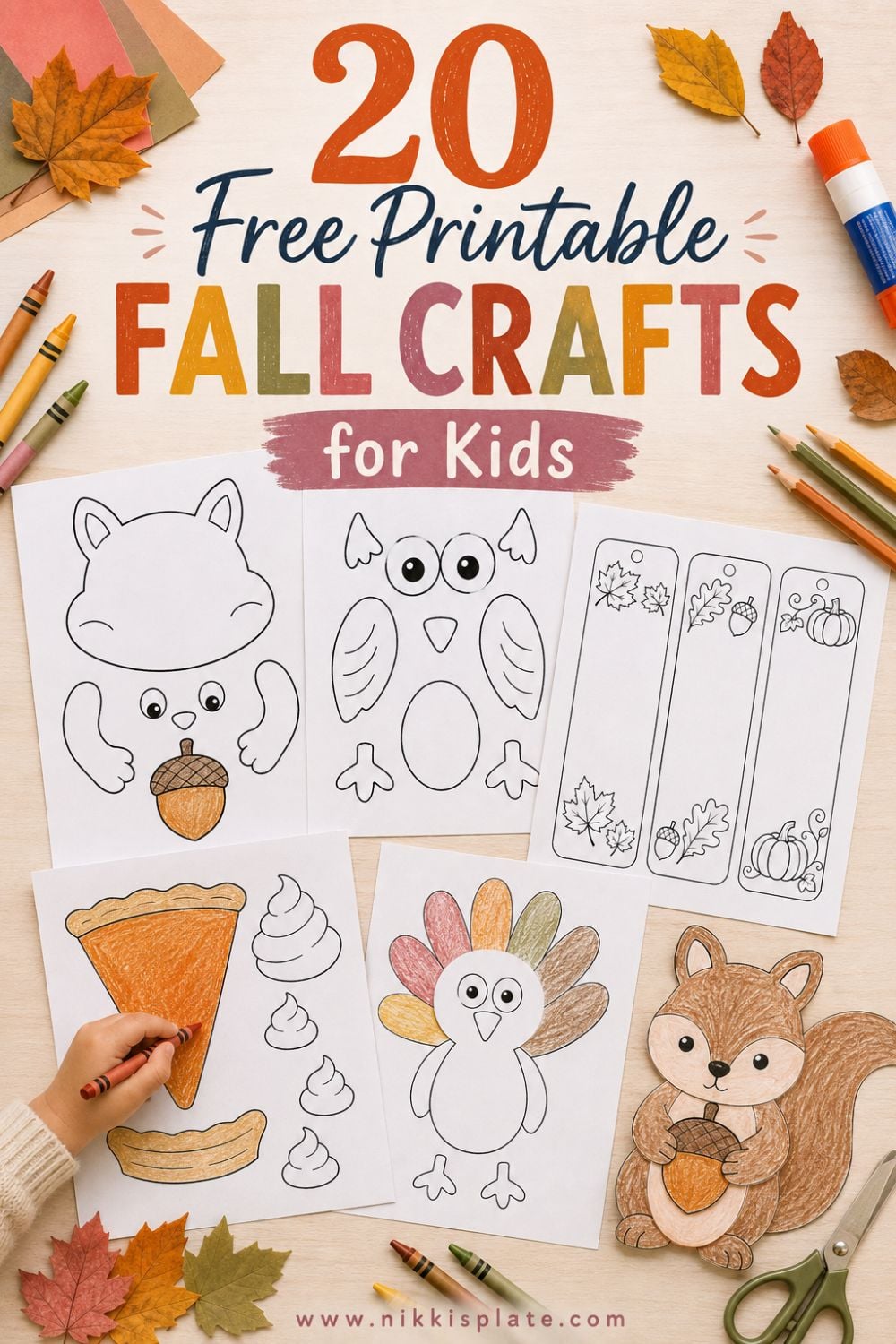 Download 20 free printable fall crafts for kids! These easy print-and-make templates include woodland animals, fall bookmarks, paper turkeys, pumpkin pie crafts and more. Perfect autumn activities for toddlers, preschoolers, elementary students, classrooms and cozy crafting days at home. Simply print, colour, cut and create!