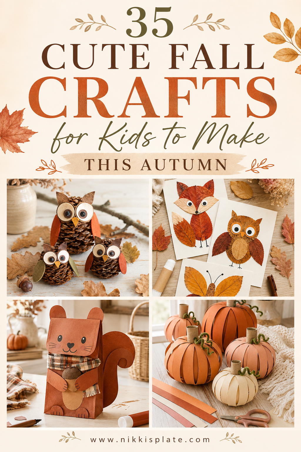 Celebrate the season with 35 cute fall crafts for kids! Find easy autumn craft ideas featuring pinecones, colorful leaves, woodland animals, paper pumpkins and other simple supplies. Perfect for toddlers, preschoolers, classrooms and cozy family craft days.