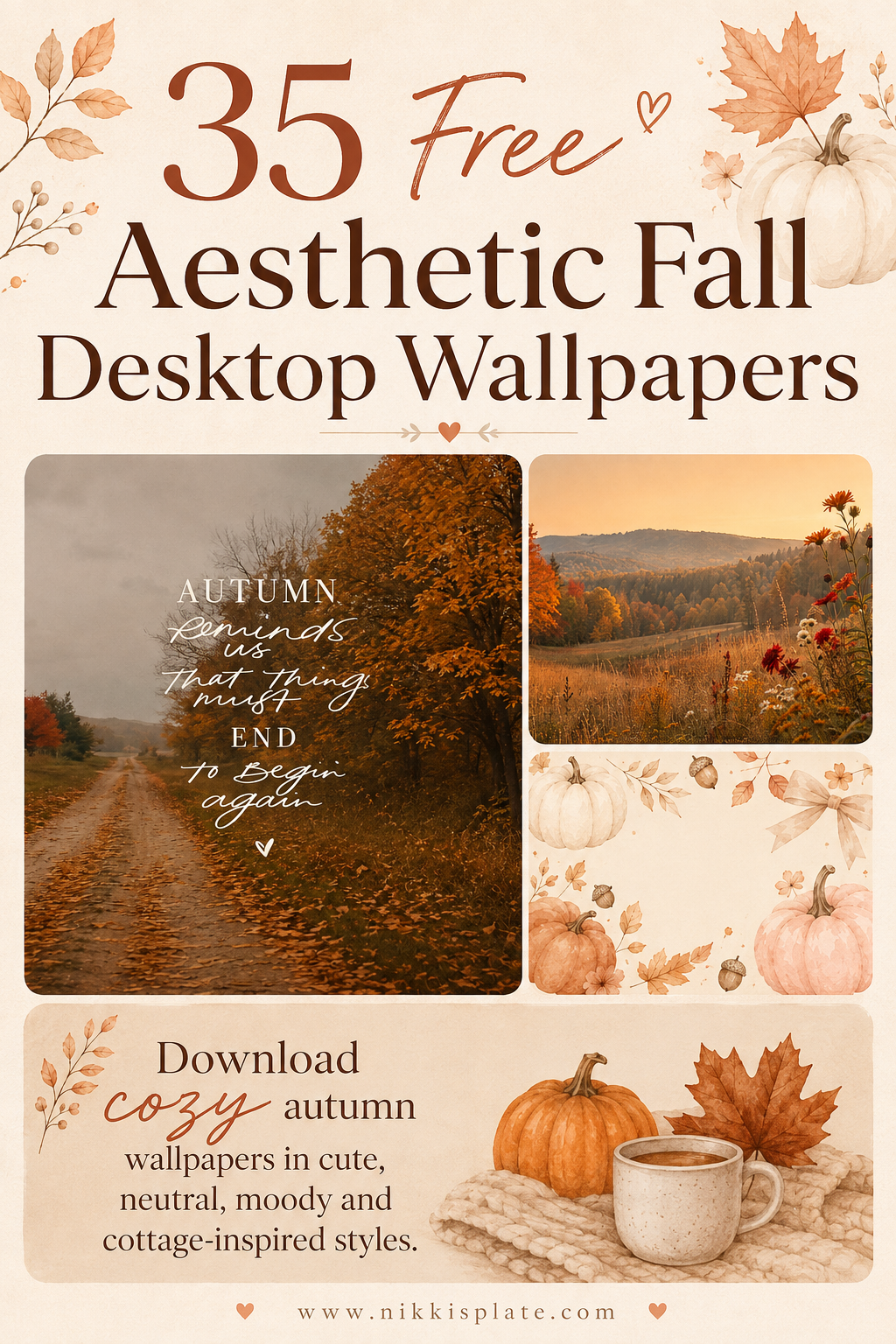 35 free aesthetic fall desktop wallpapers featuring colourful autumn scenery, watercolor pumpkins, cozy quotes and neutral fall designs.
