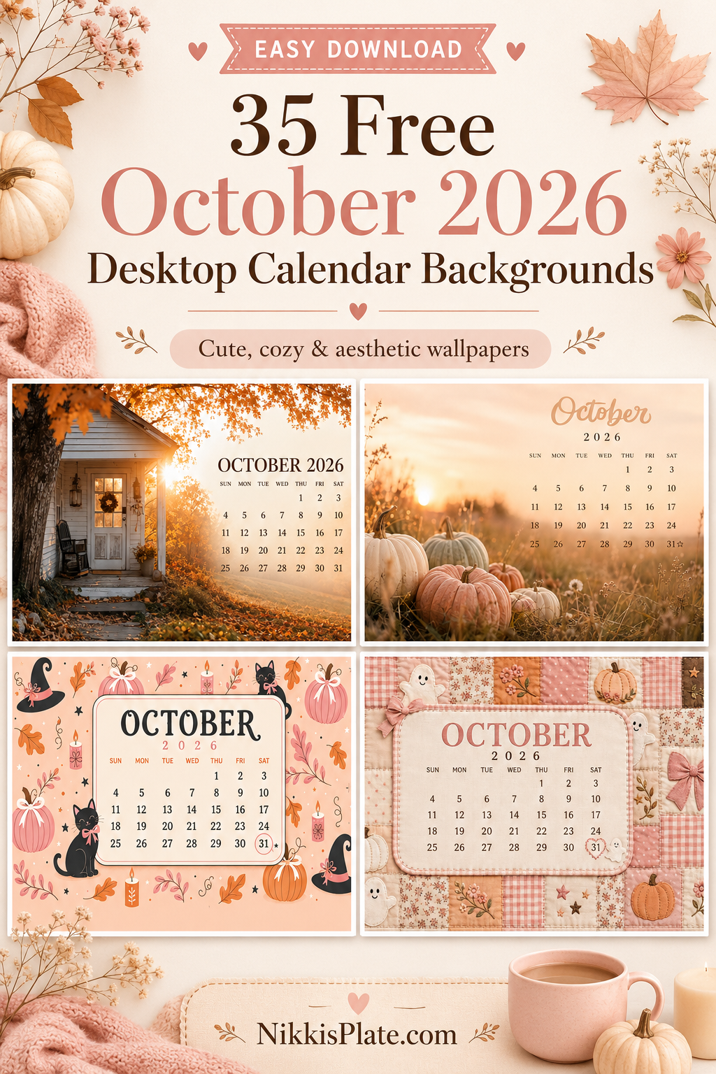Refresh your screen for peak fall and spooky season with these 35 free October 2026 desktop calendar backgrounds! Choose from cozy pumpkin scenes, cute Halloween wallpapers, dark academia designs, feminine neutrals and cottagecore autumn backgrounds for your computer.