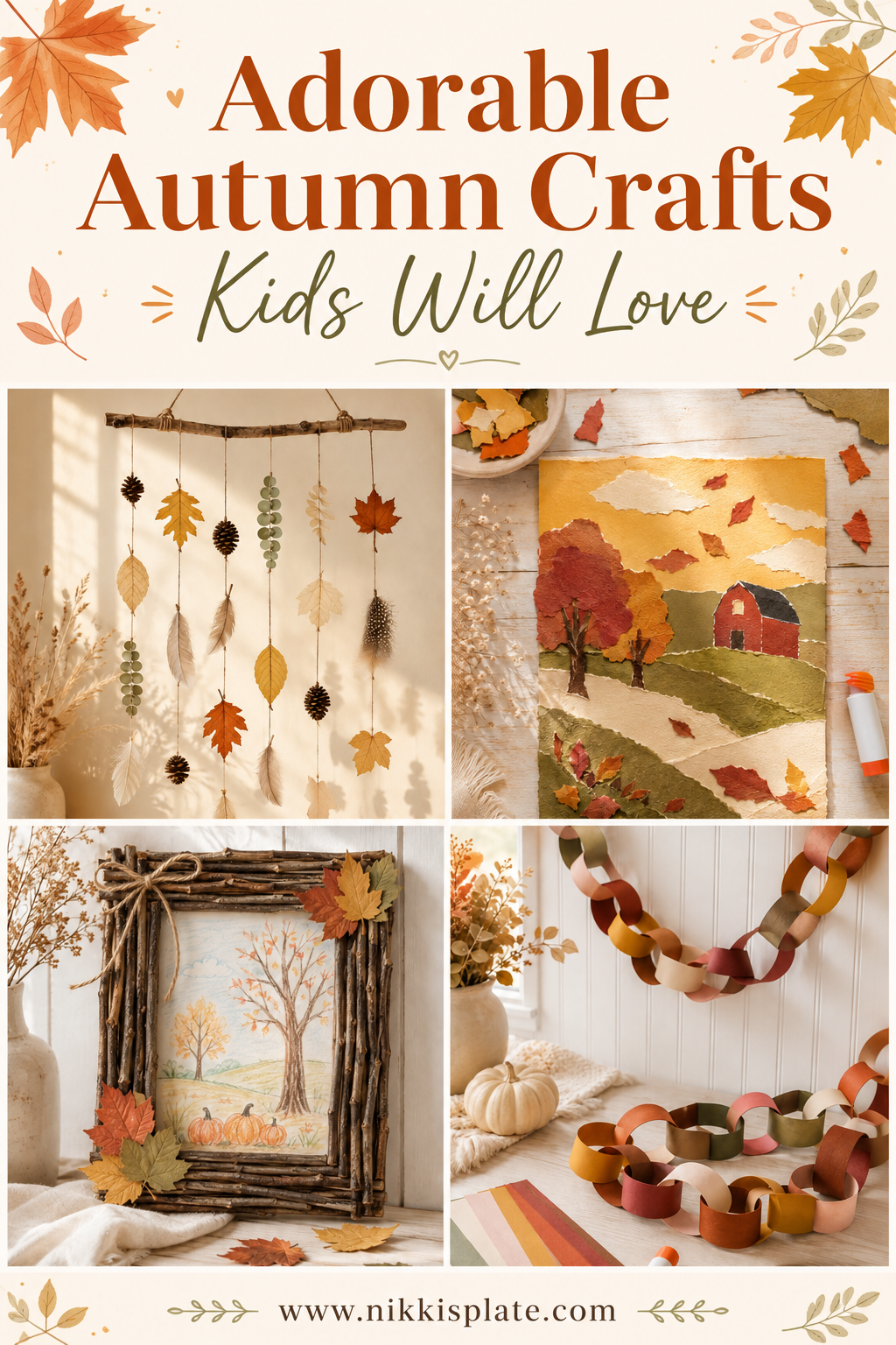 Discover adorable autumn crafts kids will love, including nature mobiles, torn-paper landscapes, twig picture frames and colorful fall paper chains. These easy fall crafts for kids are perfect for creative afternoons, classrooms and seasonal family activities.