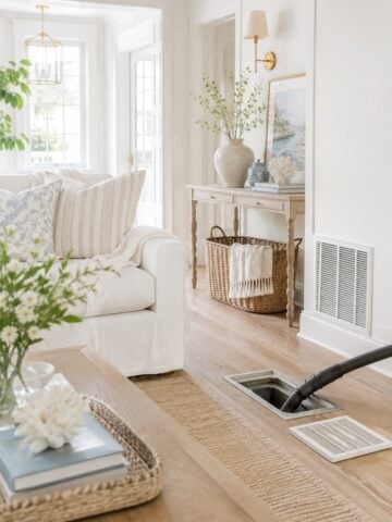 Bright Charleston-style living room with an open floor vent and vacuum hose during air duct cleaning.