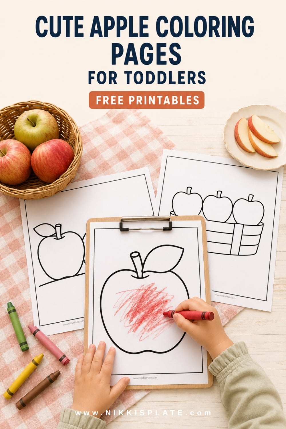 Cute and easy apple coloring pages for toddlers! The simple apple pages are lovely for an apple-picking day, a preschool harvest theme, or a quiet activity while an apple snack is on the table. A large apple with one stem and leaf keeps the picture clear and gives toddlers plenty of space to make big marks.