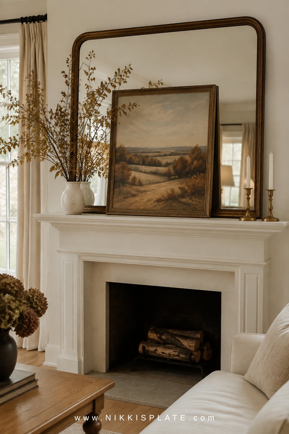 Faded autumn landscape art layered in front of an aged mirror on a simply styled fall mantel.