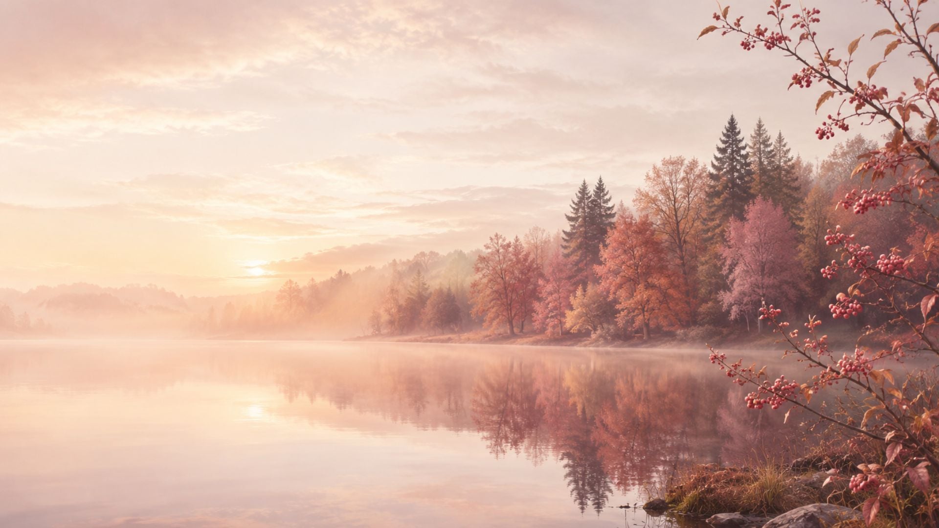 Blush and rust fall desktop wallpaper featuring a misty lake, colourful autumn trees and berry branches at sunrise.
