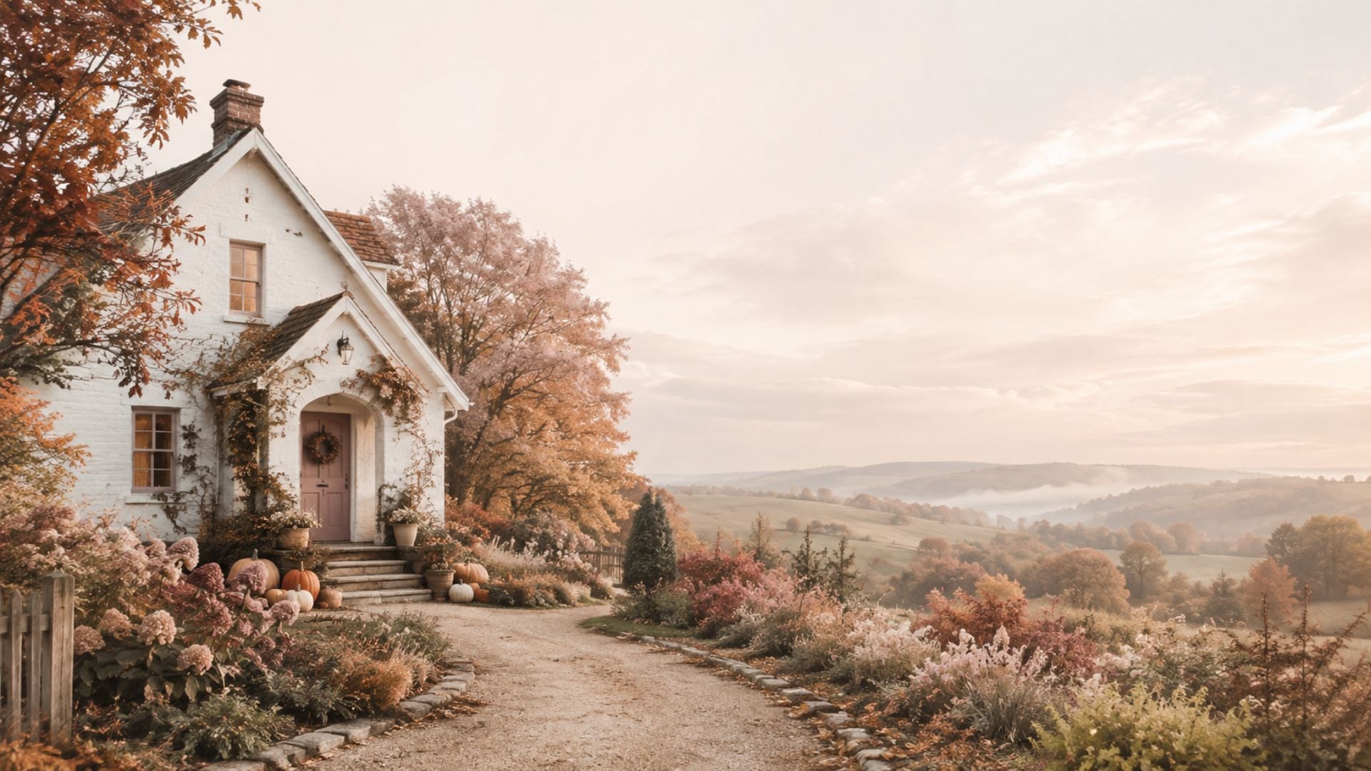 Fall wallpaper aesthetic featuring a white countryside cottage surrounded by blush flowers, rust foliage and rolling autumn hills.