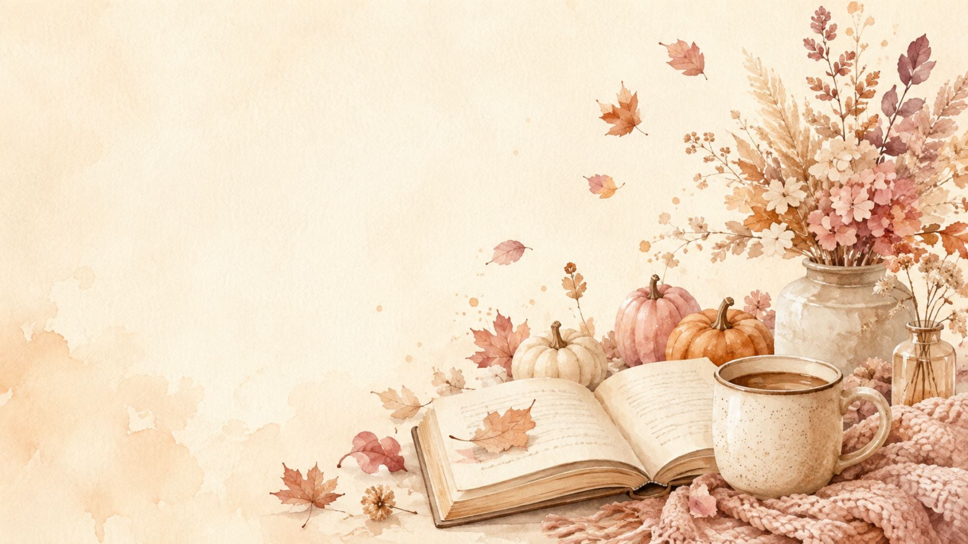 Cozy fall desktop wallpaper featuring blush and rust pumpkins, an open book, warm coffee, autumn flowers and a knitted blanket.